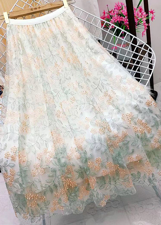 Green Casual Embroidered Straight Fall Skirts