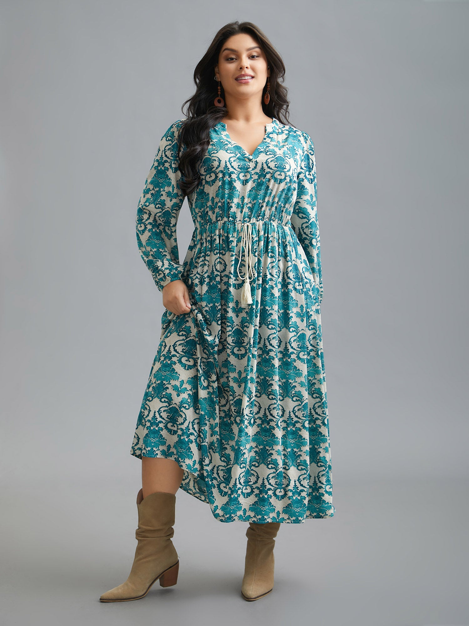 Boho Print Notched Tie Knot Maxi Dress