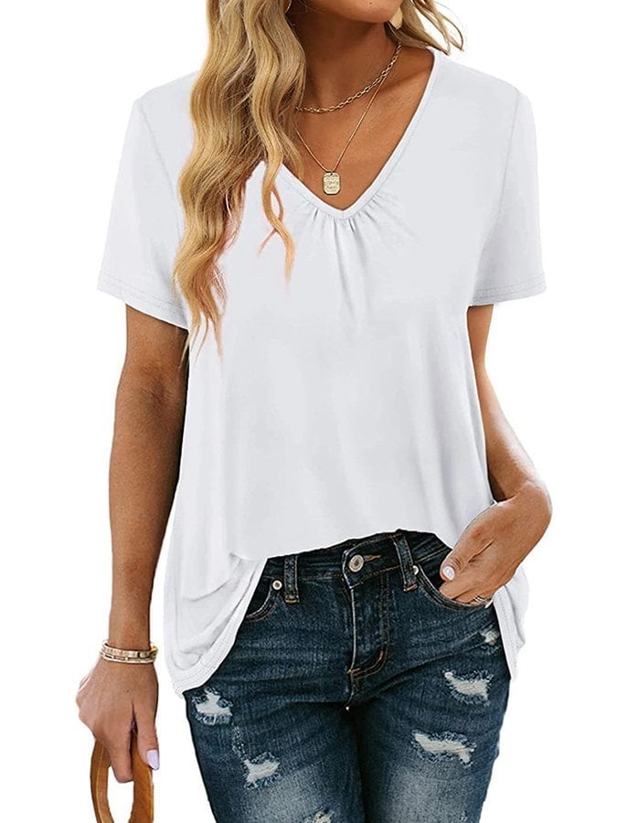 Women's V-Neck Gathered Loose Short Sleeve T-Shirt