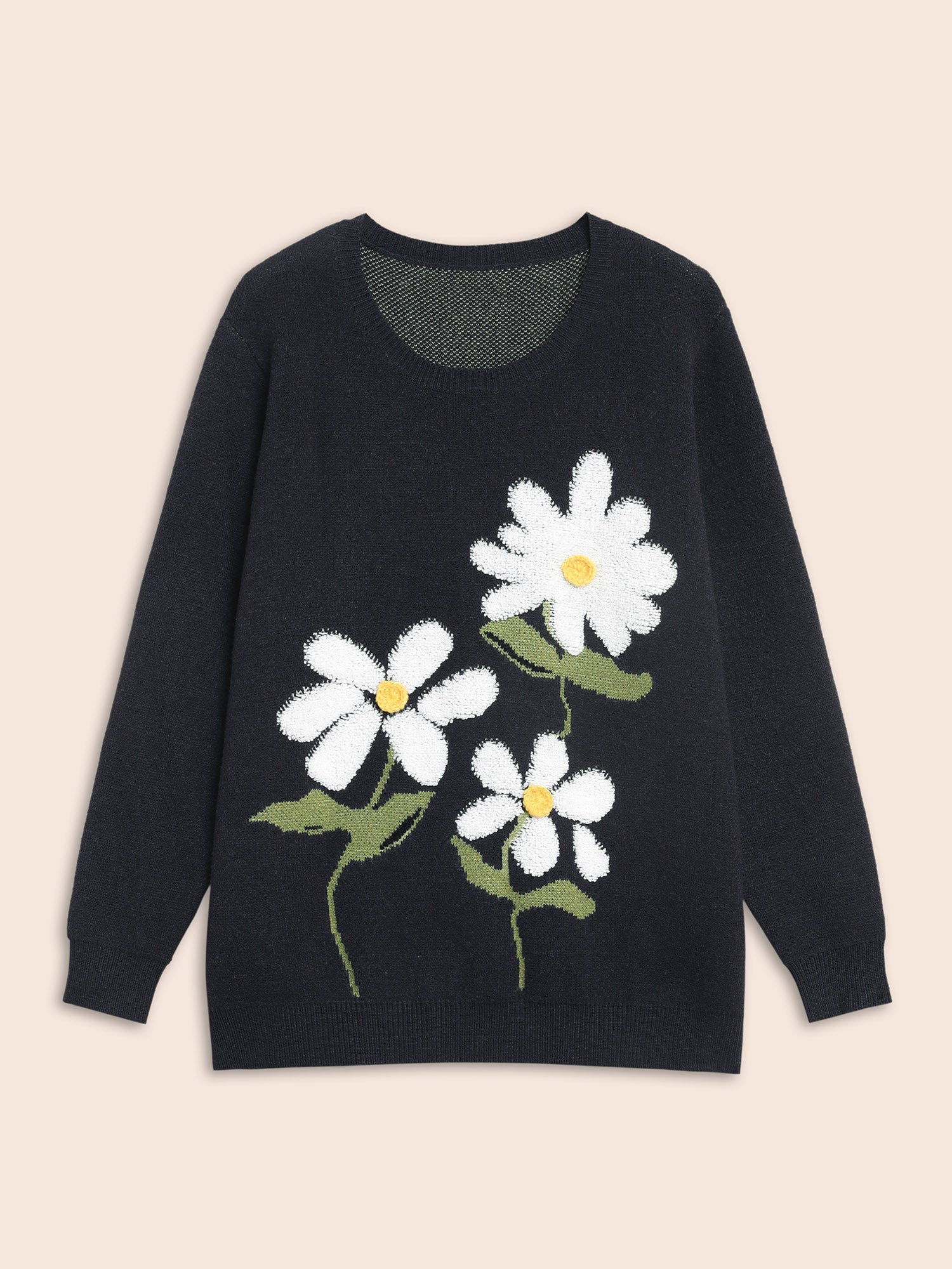 Round Neck Floral Contrast Texture Pullover