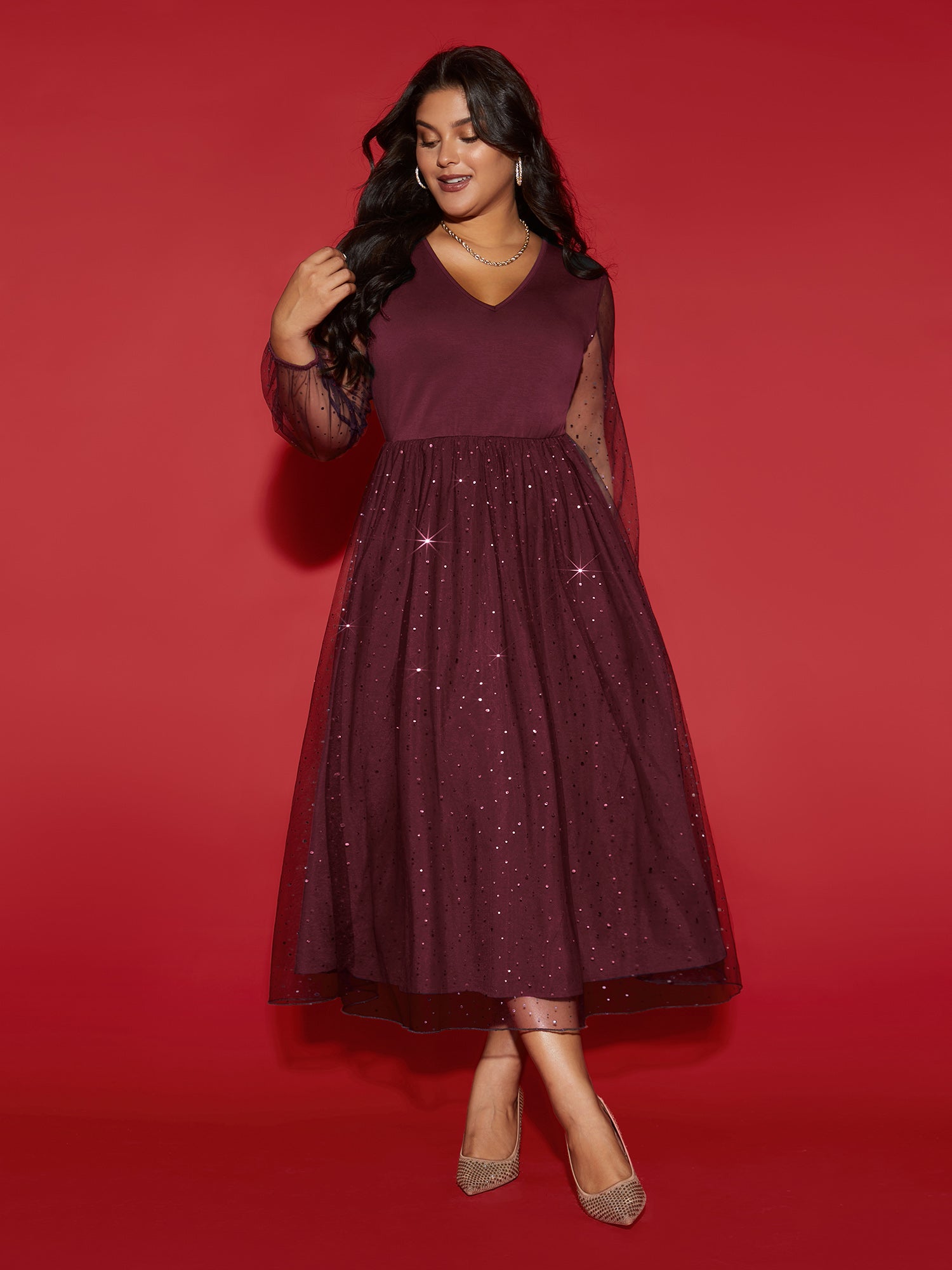 Sheer Mesh Shimmering Sequins Maxi Dress