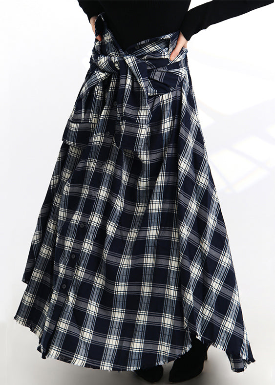 Plaid Lace Up Button Elastic Waist Cotton Skirt Spring