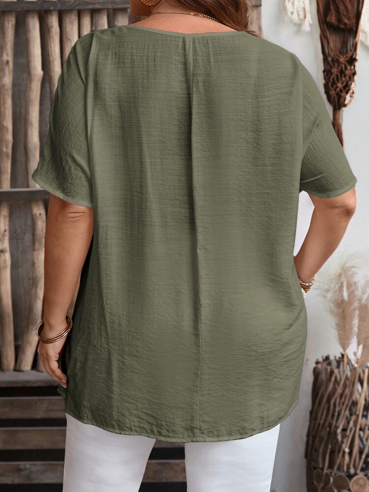 Plus Size Women's Summer Solid Color V-Neck Batwing Short Sleeve Loose Asymmetric Hem Blouse