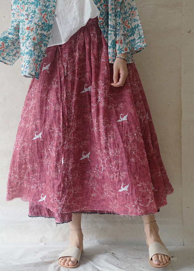 Red elastic waist drawstring pocket print Linen Skirts Spring