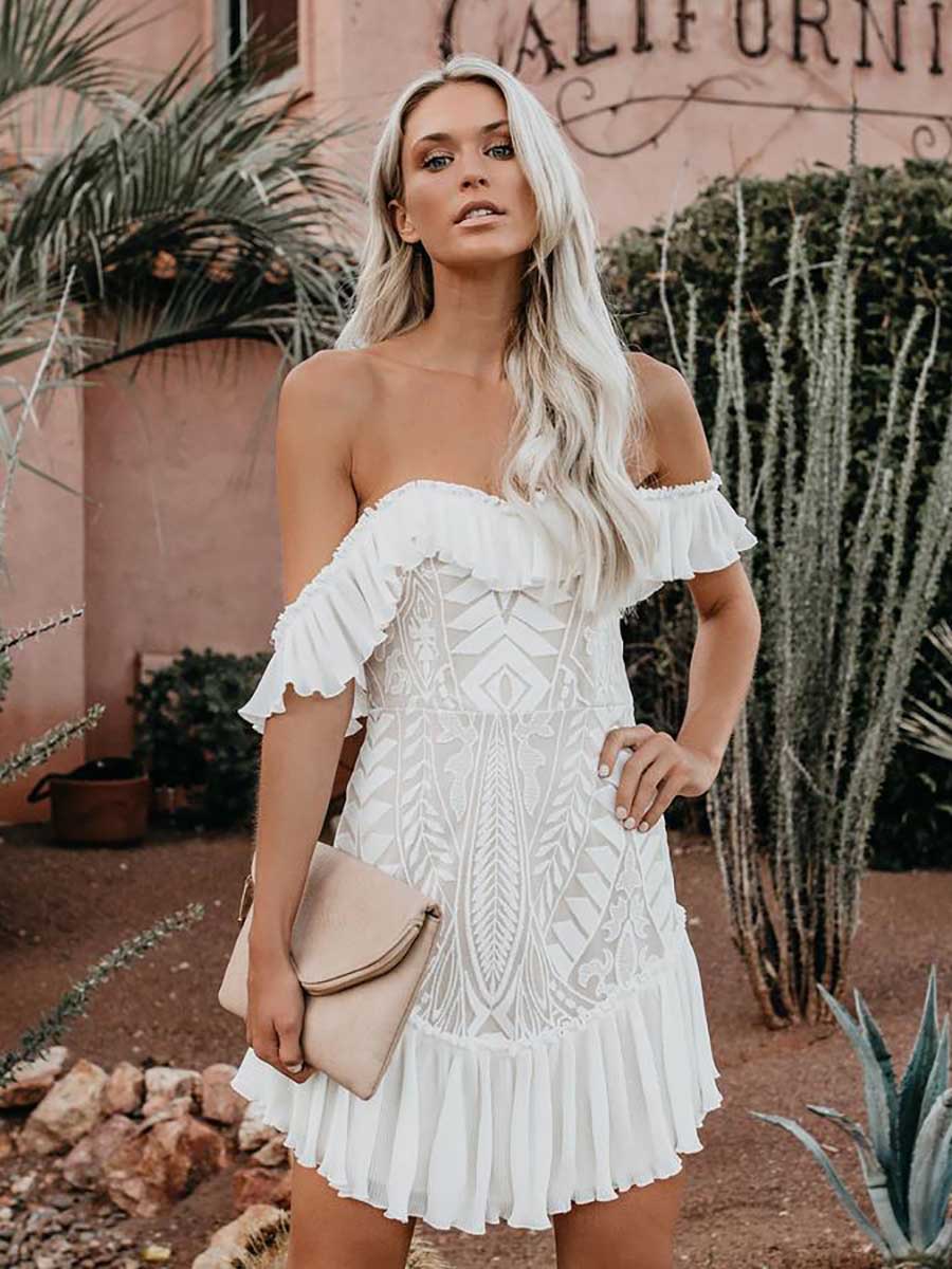 Lace Pleated Ruffle One-Shoulder Dress