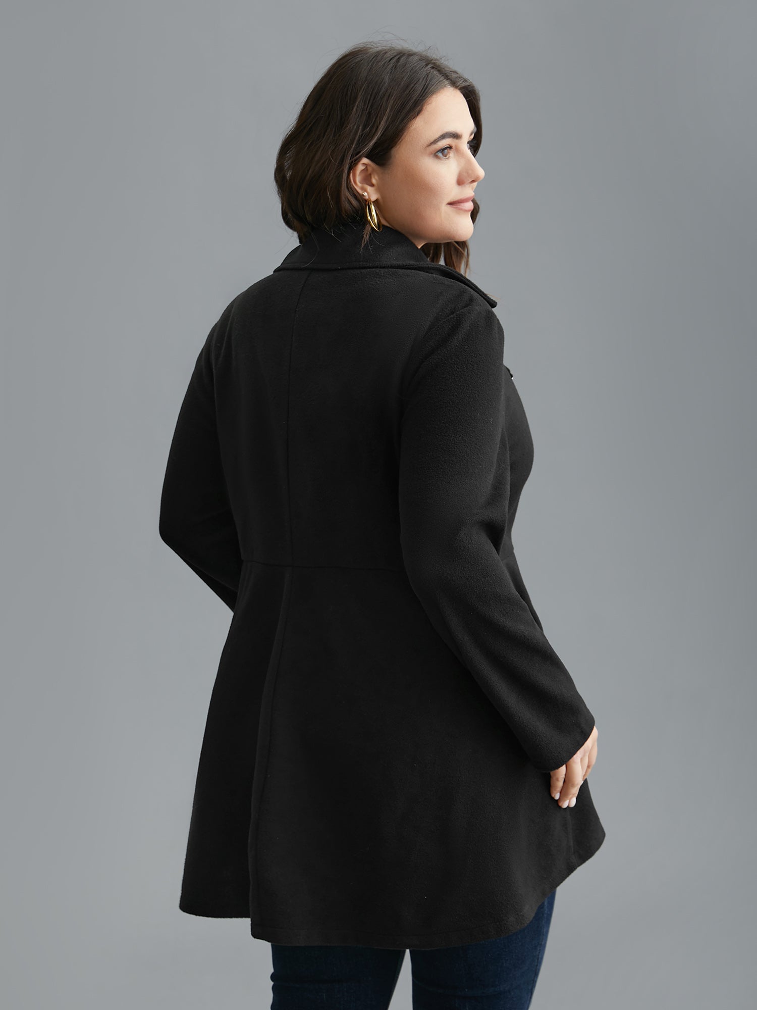 Curved Hem Zipper Placket Pockets Coat