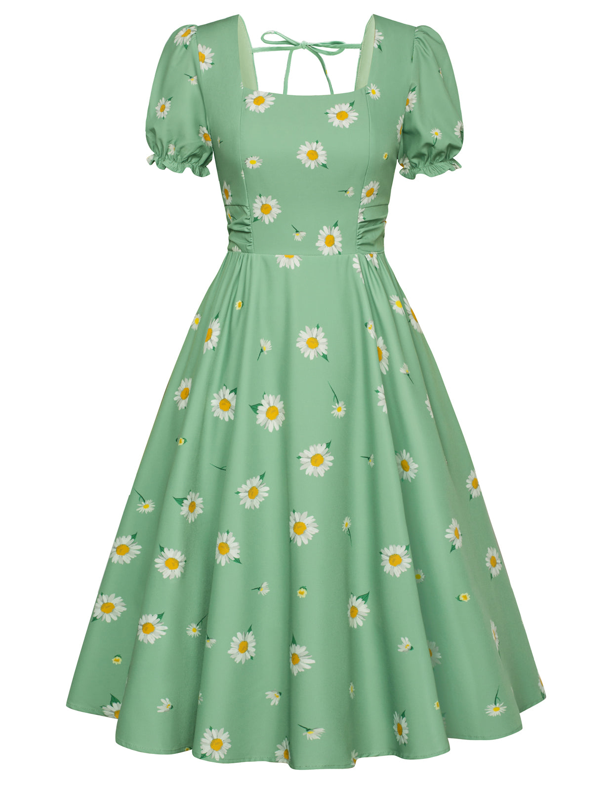 Vintage Daisy Flower Print Cottagecore Cocktail Dresses Square Neck Puff Sleeve Dress with Pockets