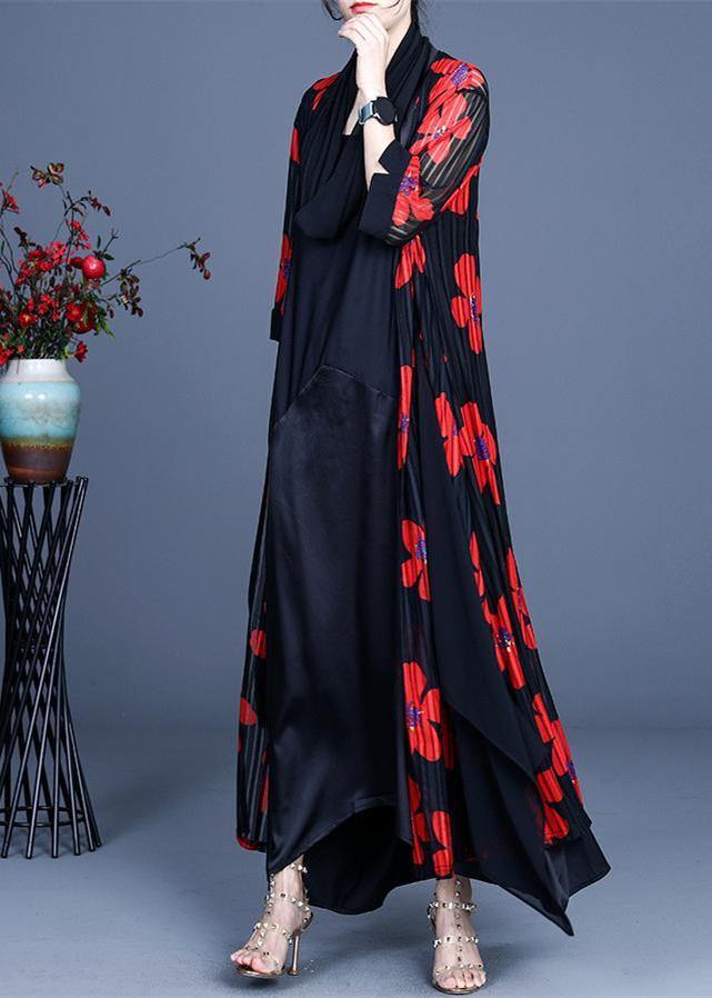 Simple Red Floral Summer Silk Long Loose Jacket