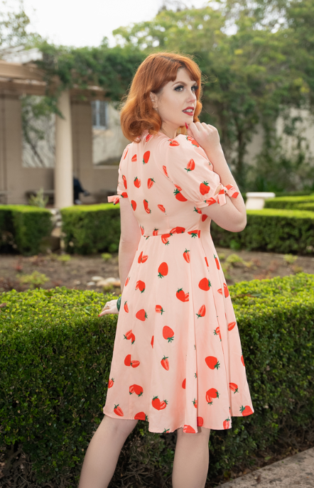 Strawberry Print Midi Casual Swing Dress Short Sleeve Vintage Beach Dresses