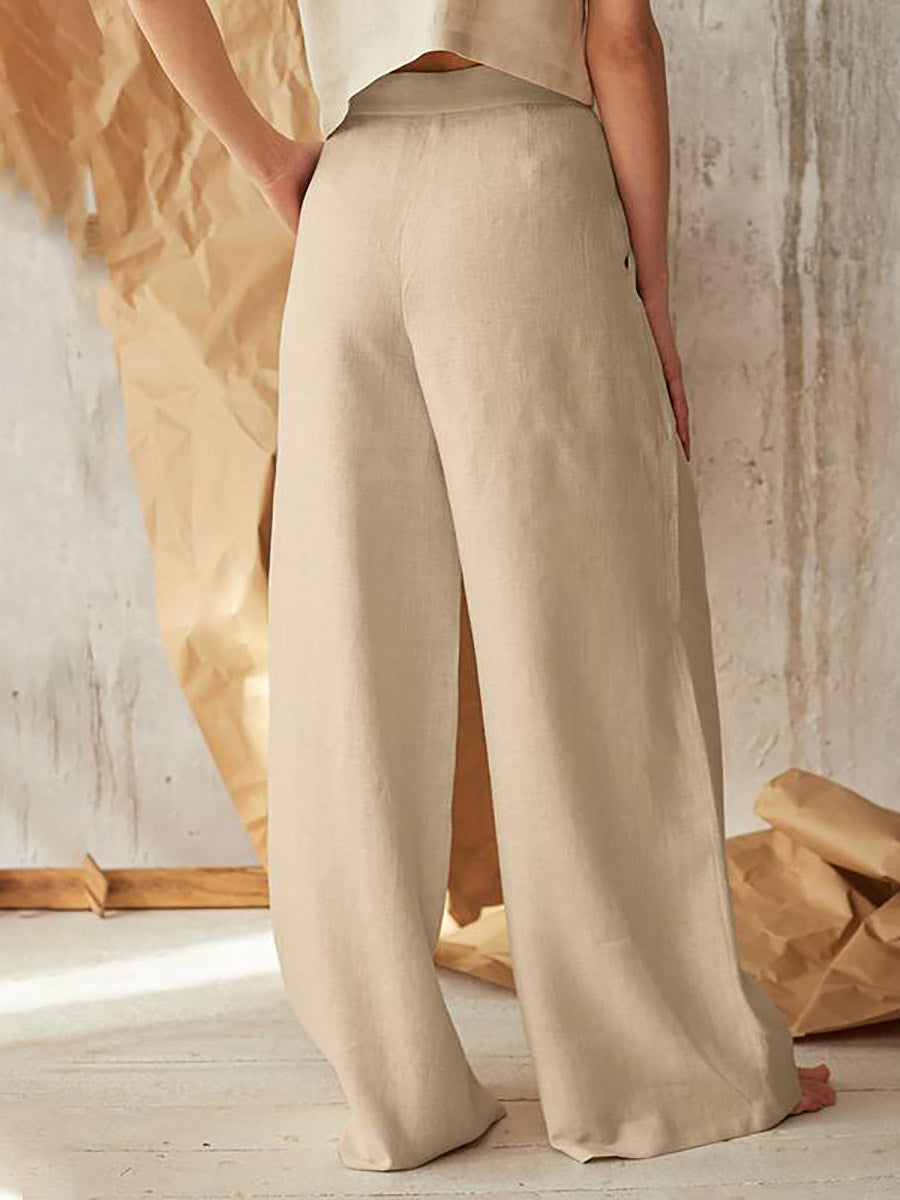 Solid Color High Waist Casual Button Wide Leg Pants