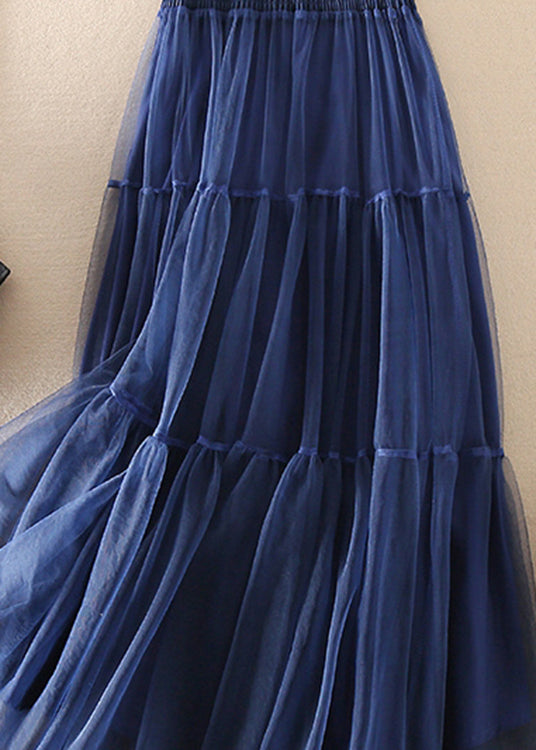 Blue wrinkled Patchwork Tulle Skirts Spring