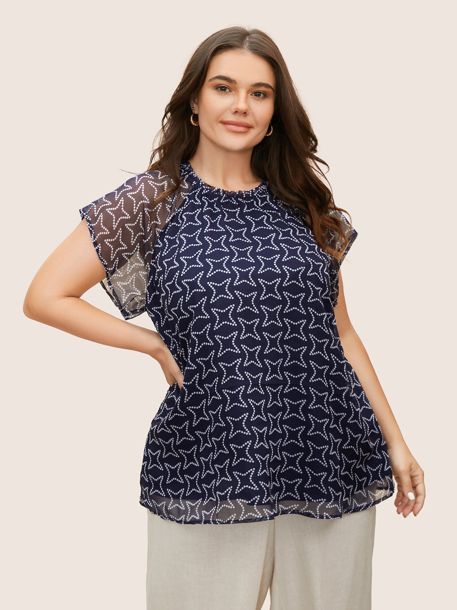 Polka Dot Mock Neck Mesh Patchwork Blouse