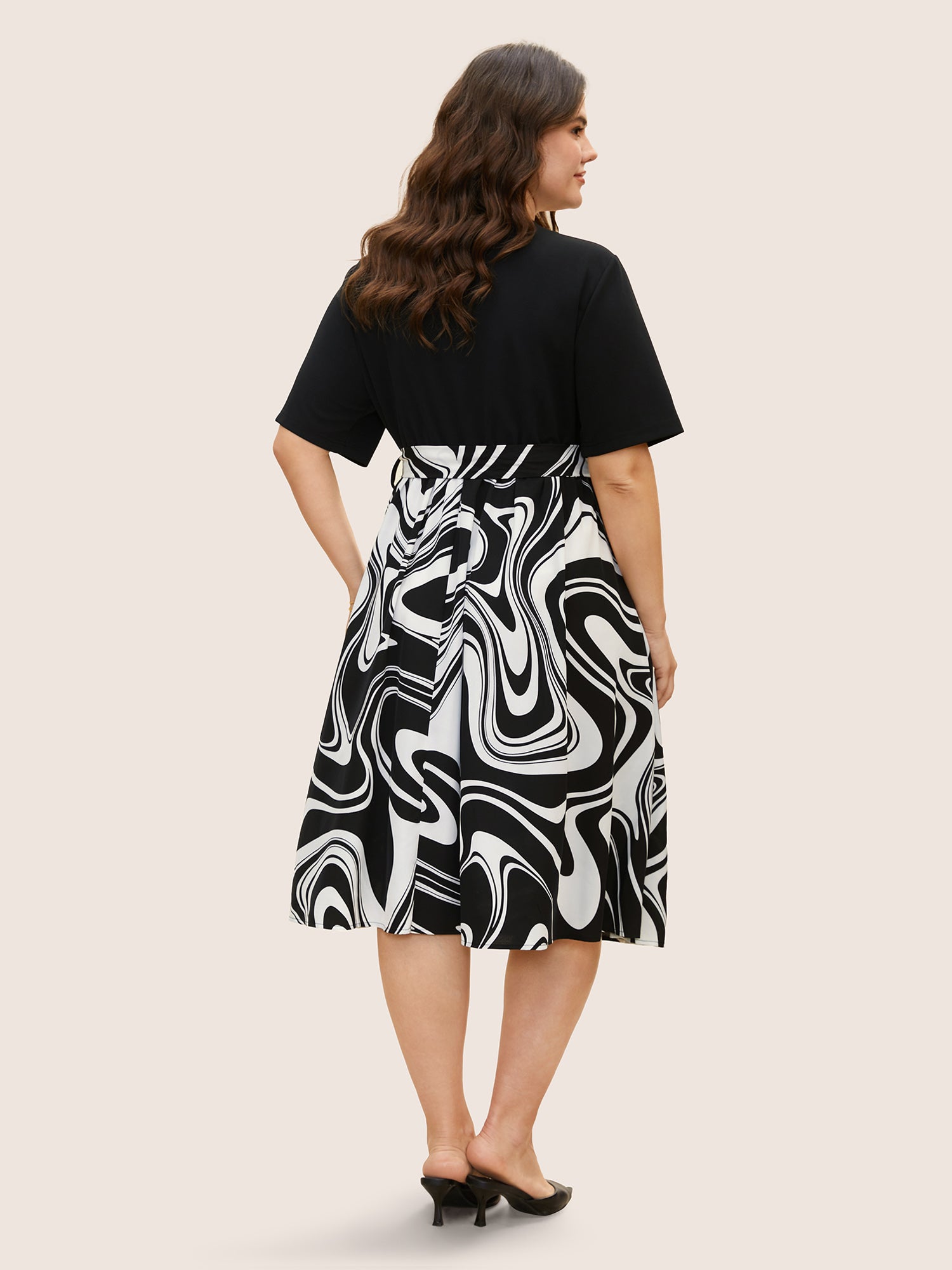 Geometric Patchwork Suit Collar Belted Dress