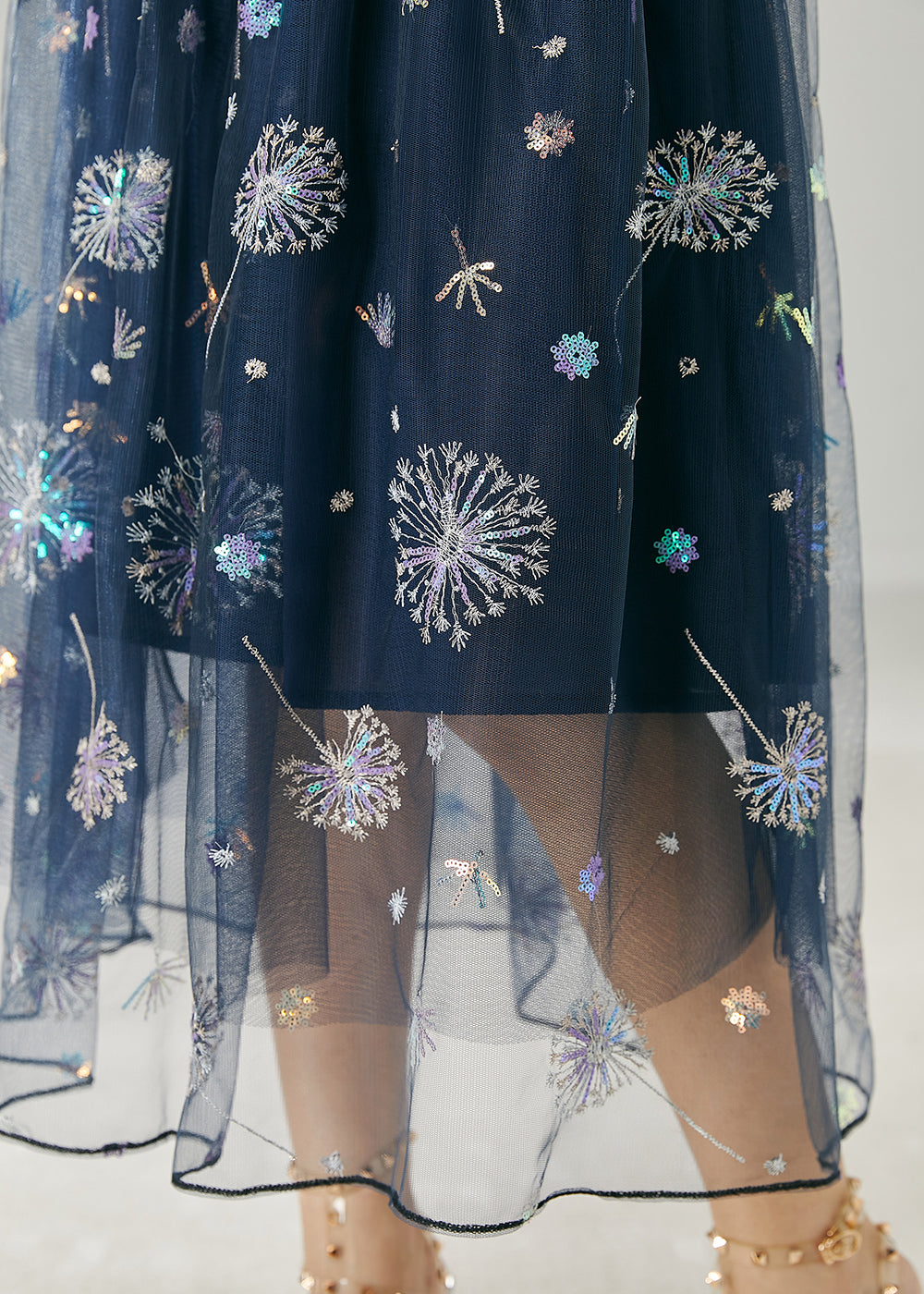 Beautiful Navy Dandelion Embroidered Tulle Skirts Summer