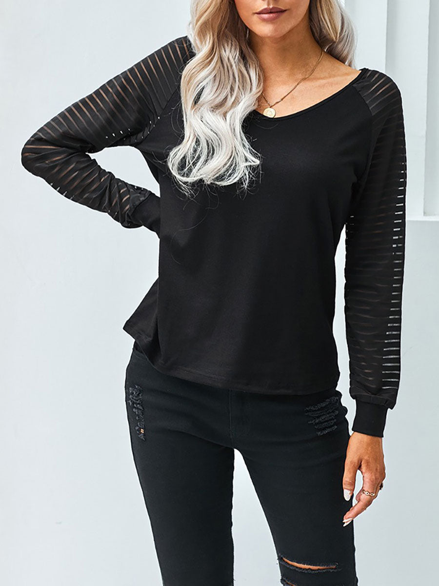 Hollow Striped Long Sleeve V-Neck Top(6 colors)