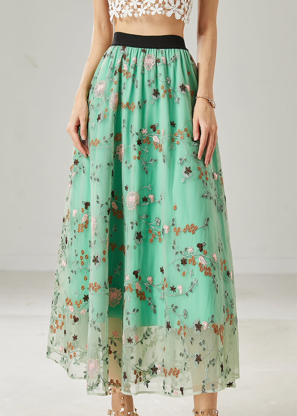 Green Embroidered Tulle Skirts Summer