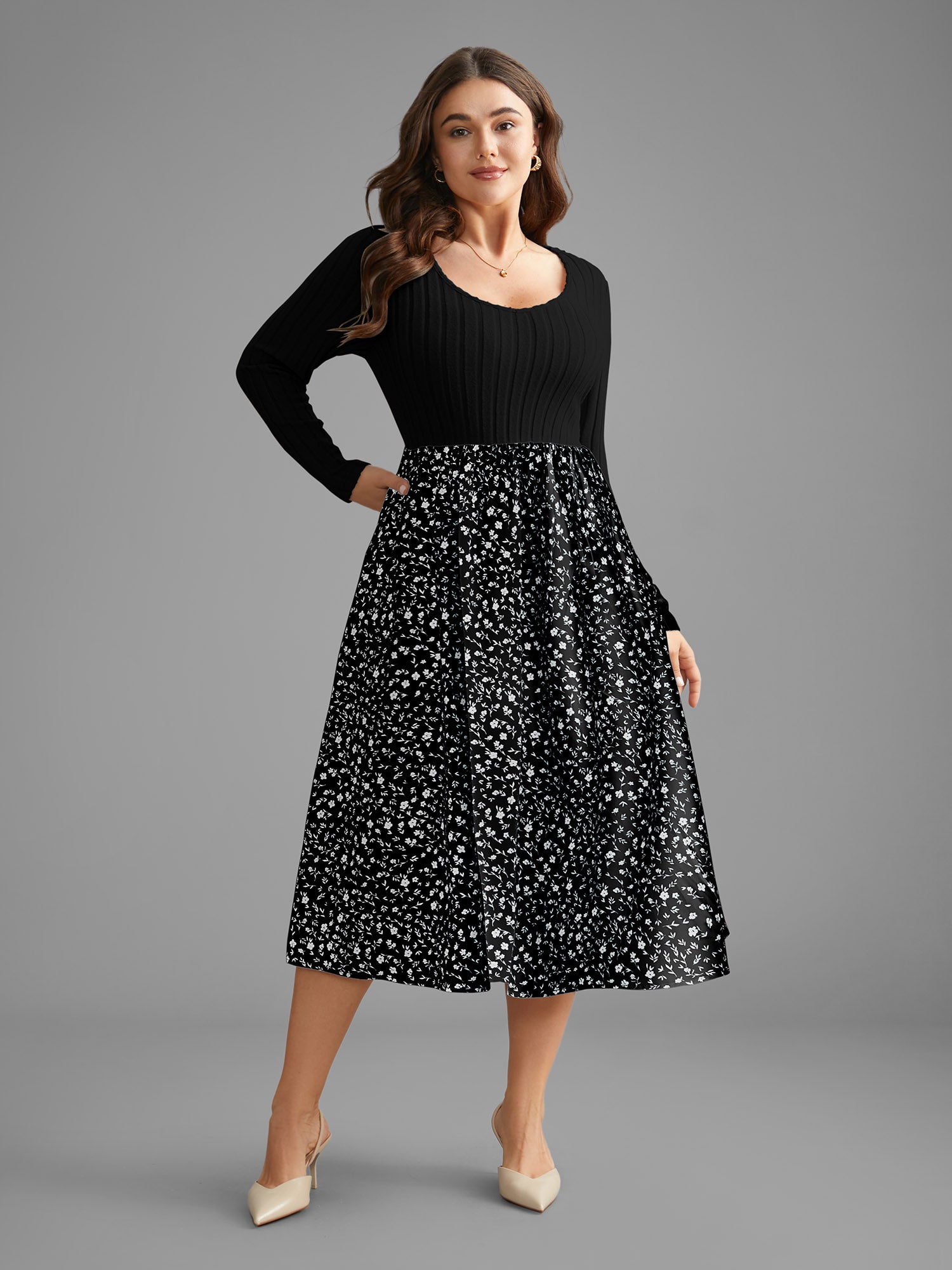 Ditsy Floral Patchwork Texture Midi Dress