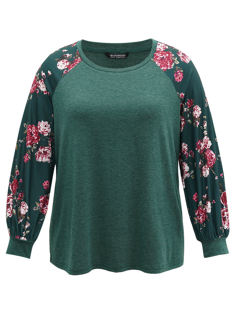 Floral Patchwork Crew Neck Raglan Sleeve T-shirt