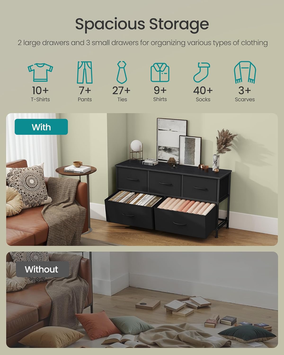 SONGMICS Dresser for Bedroom, Chest of Drawers, TV Stand, Steel, MDF, 5 Non-Woven Fabric Drawers, Storage Organizer Unit, Closet, Entryway, Cloud White and Snow White ULGS322W01S