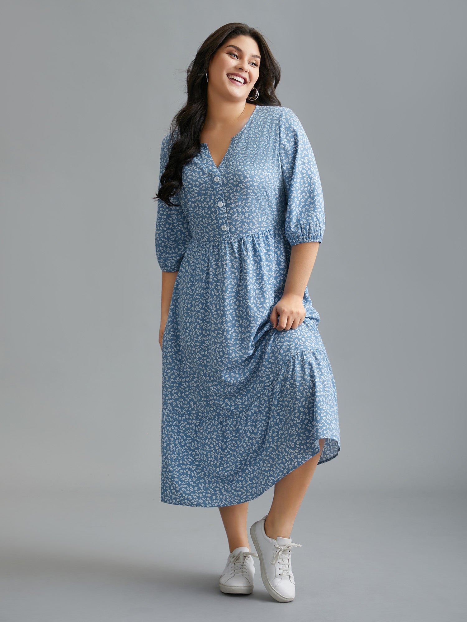 Notched Ditsy Floral Button Midi Dress