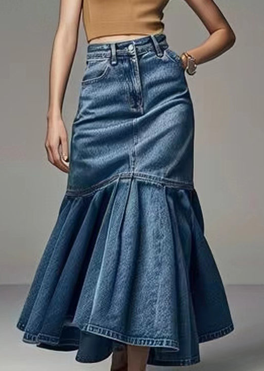 Blue Wrinkled High Waist Fishtail Skirt Summer