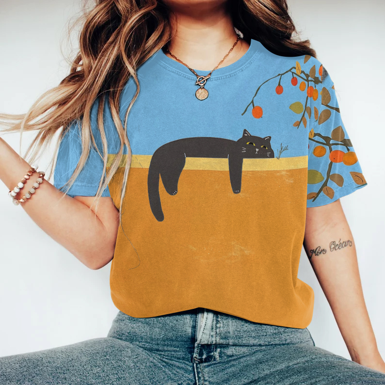 Abstract Creative Lazy Black Cat Painting Art T-Shirt