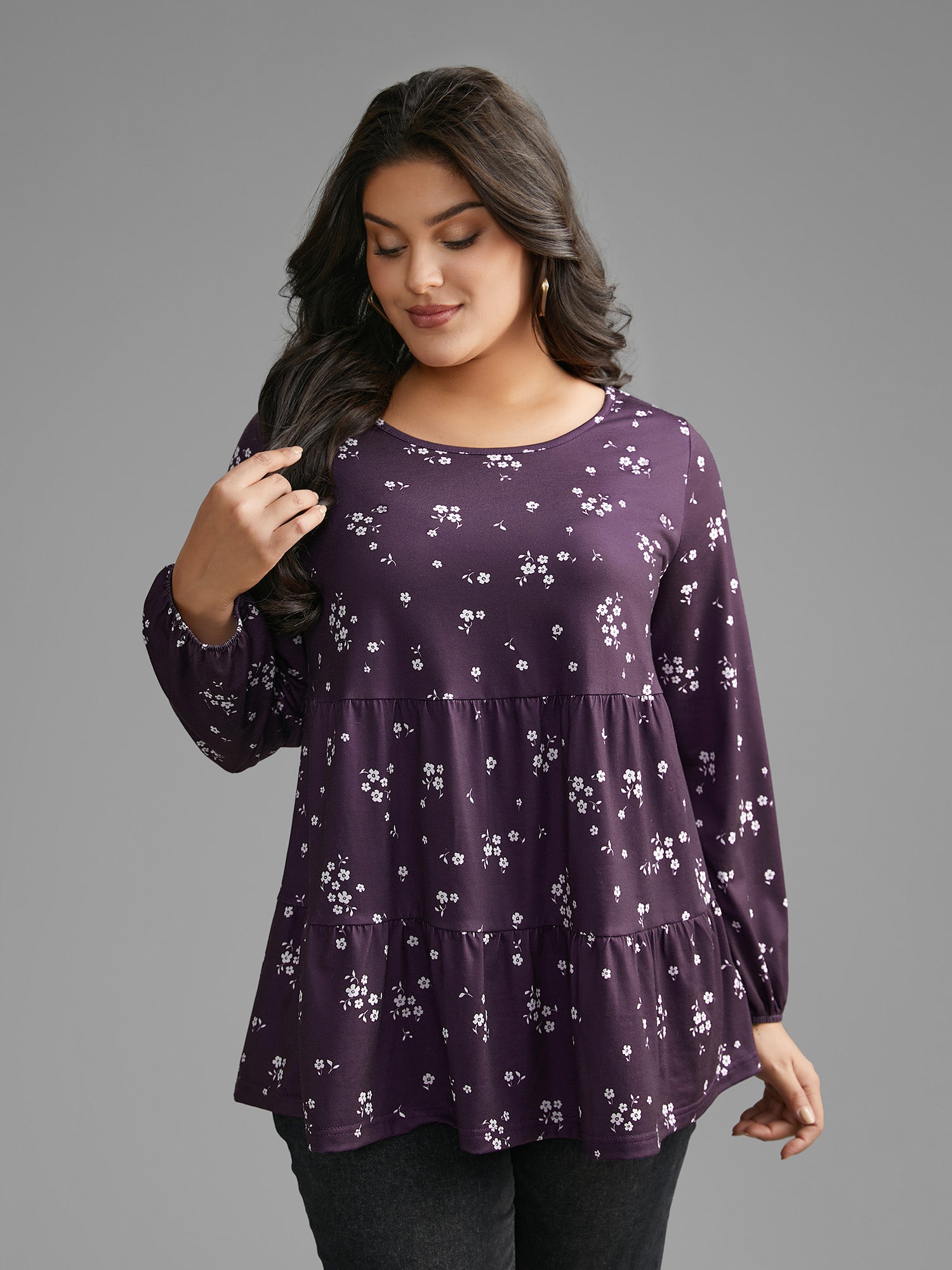 Ditsy Floral Gathered Ruffle Hem T-shirt