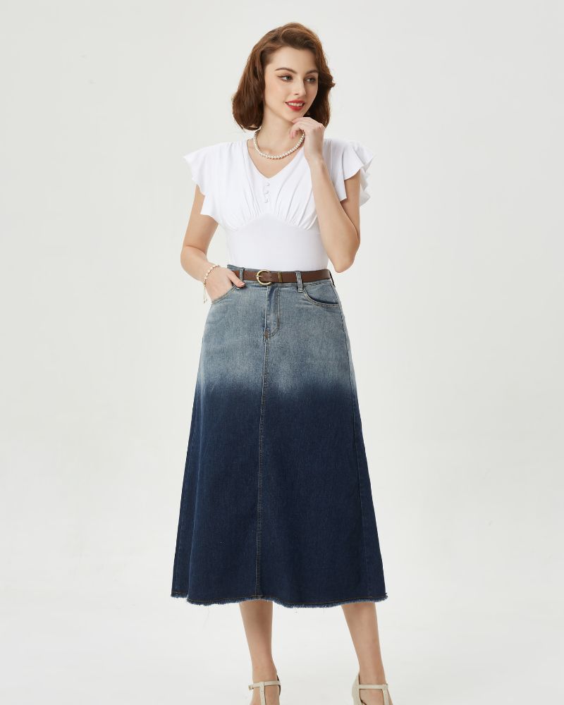 Multi-Pocket Jean Skirt Elastic High Waist Raw Hem Midi A-Line Skirt