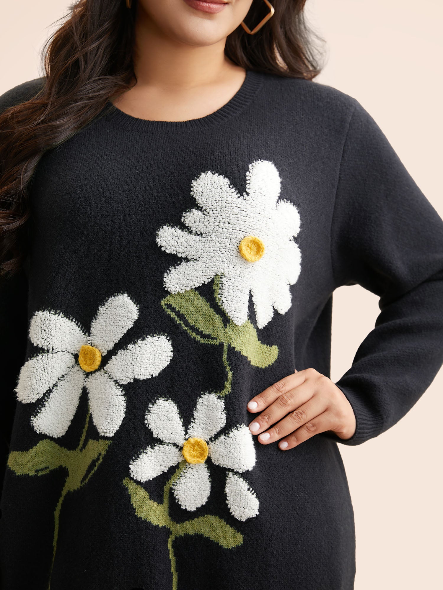 Round Neck Floral Contrast Texture Pullover