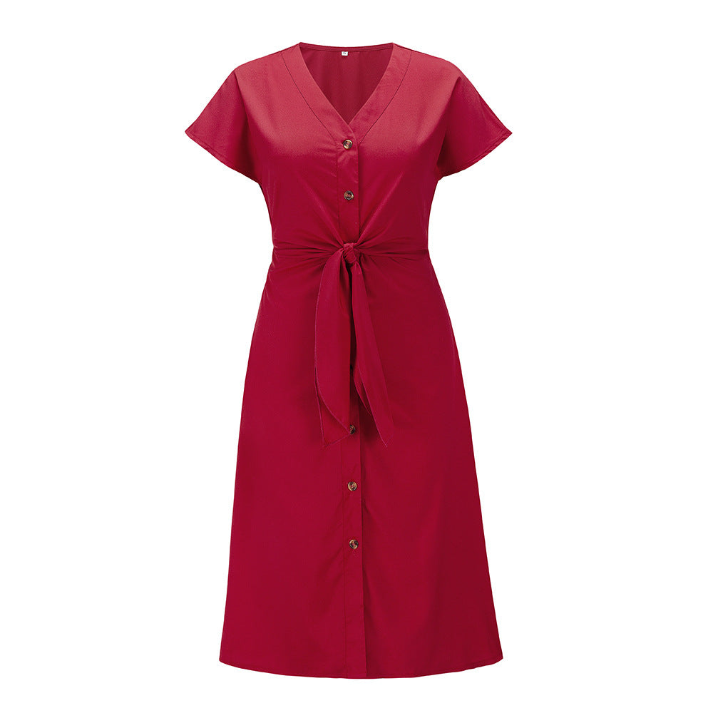 Button V-Neck Strap Dress