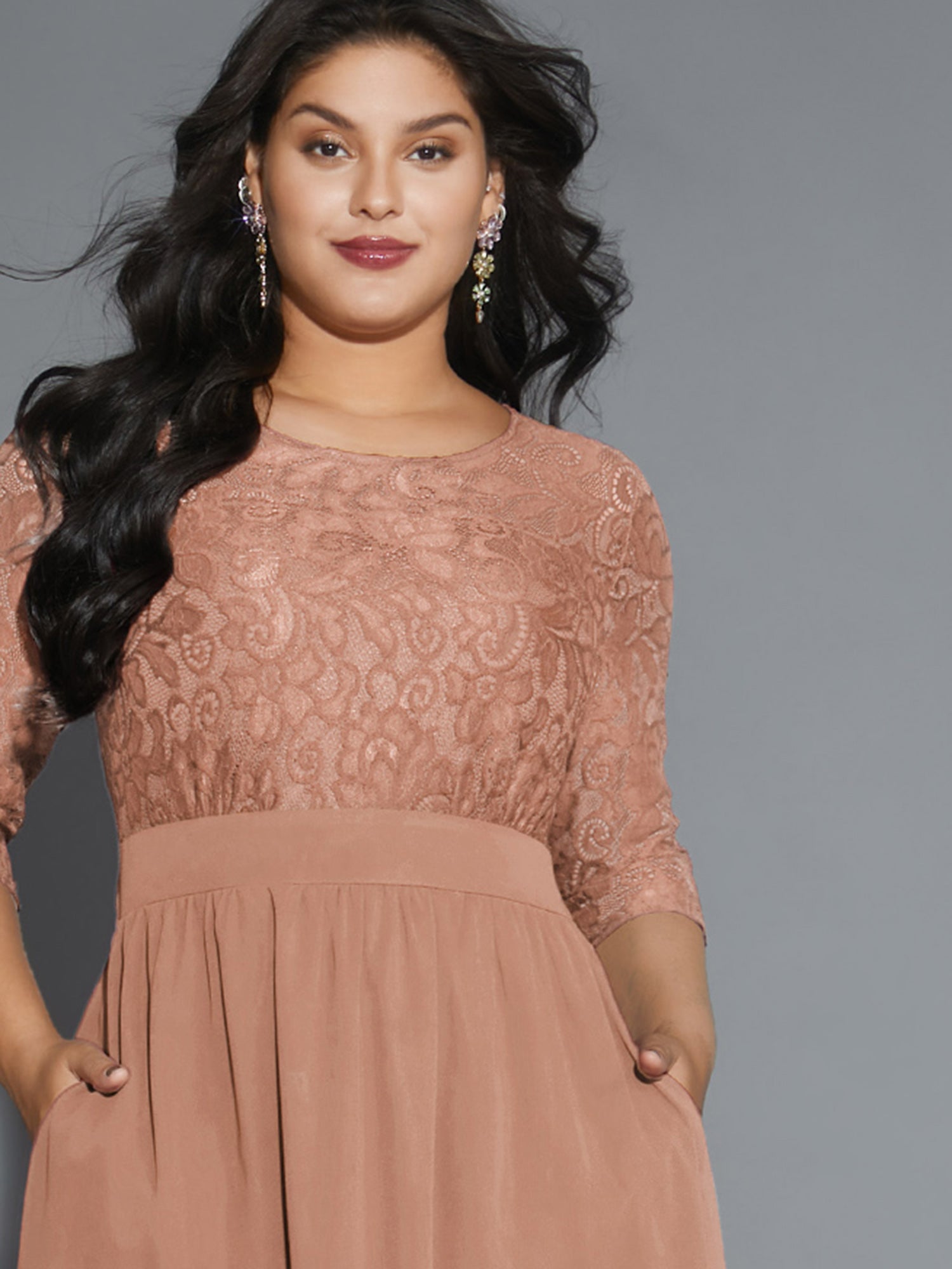 Lace Patchwork Shirred Midi Pocket Dress