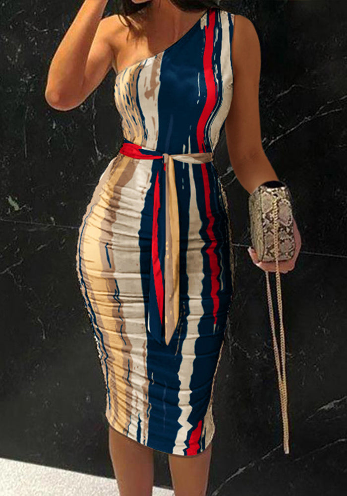 Abstract Print One Shoulder Ruched Bodycon Dress