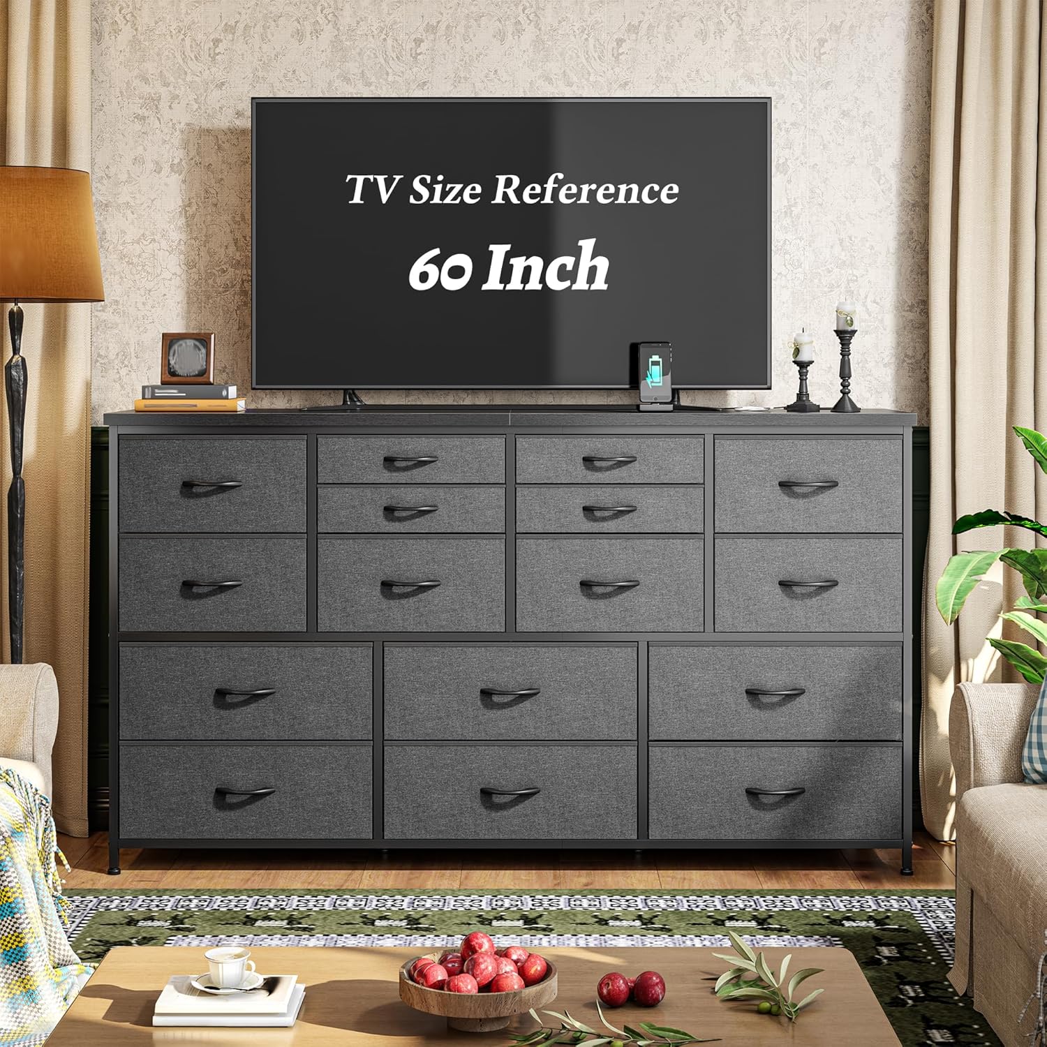 Dresser for Bedroom with 16 Fabric Drawers Long Dresser with Charging Station TV Stand for 60