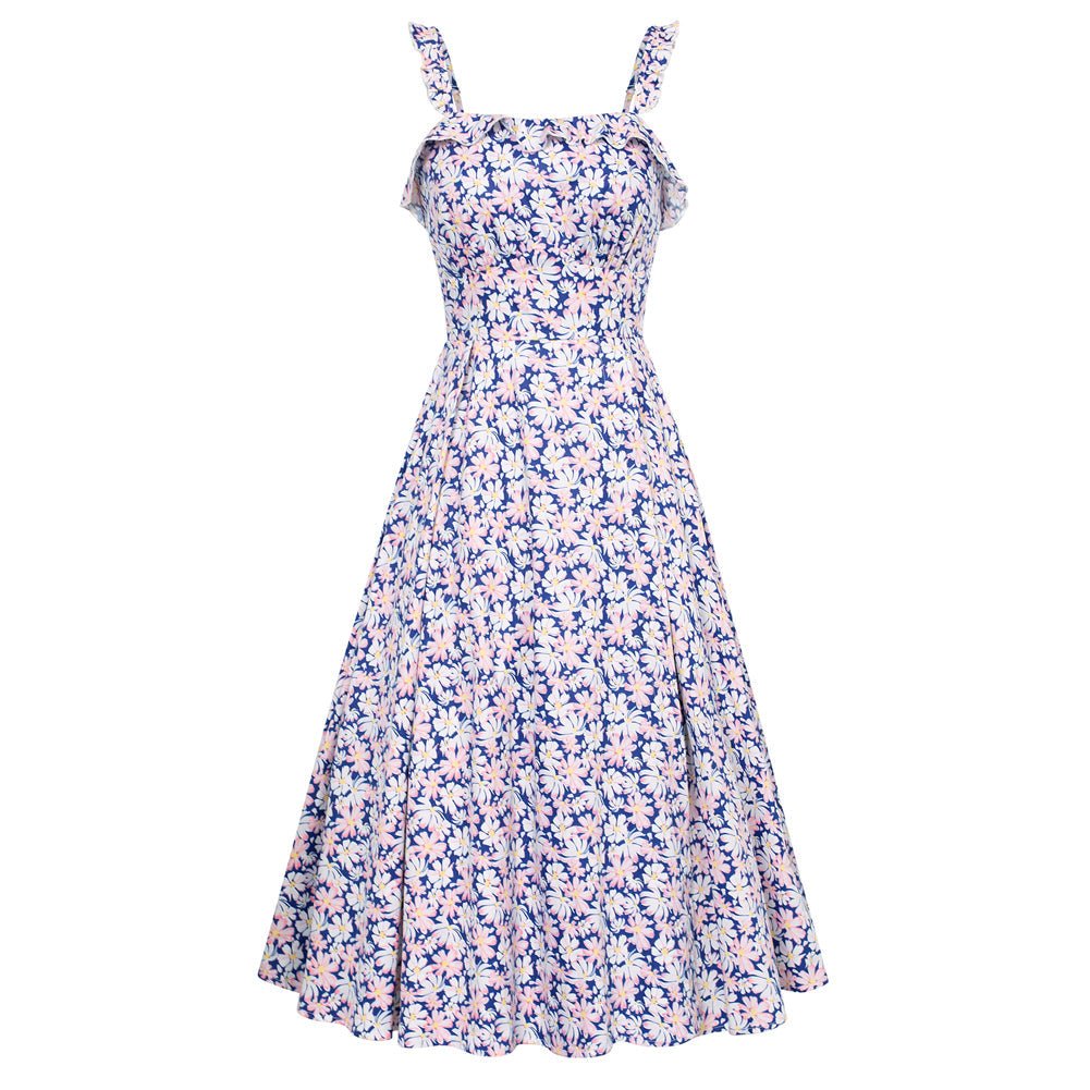 Floral Summer Dresses for Women 2024 Midi Sun Dresses Flowy Spaghetti Strap Dress with Pockets