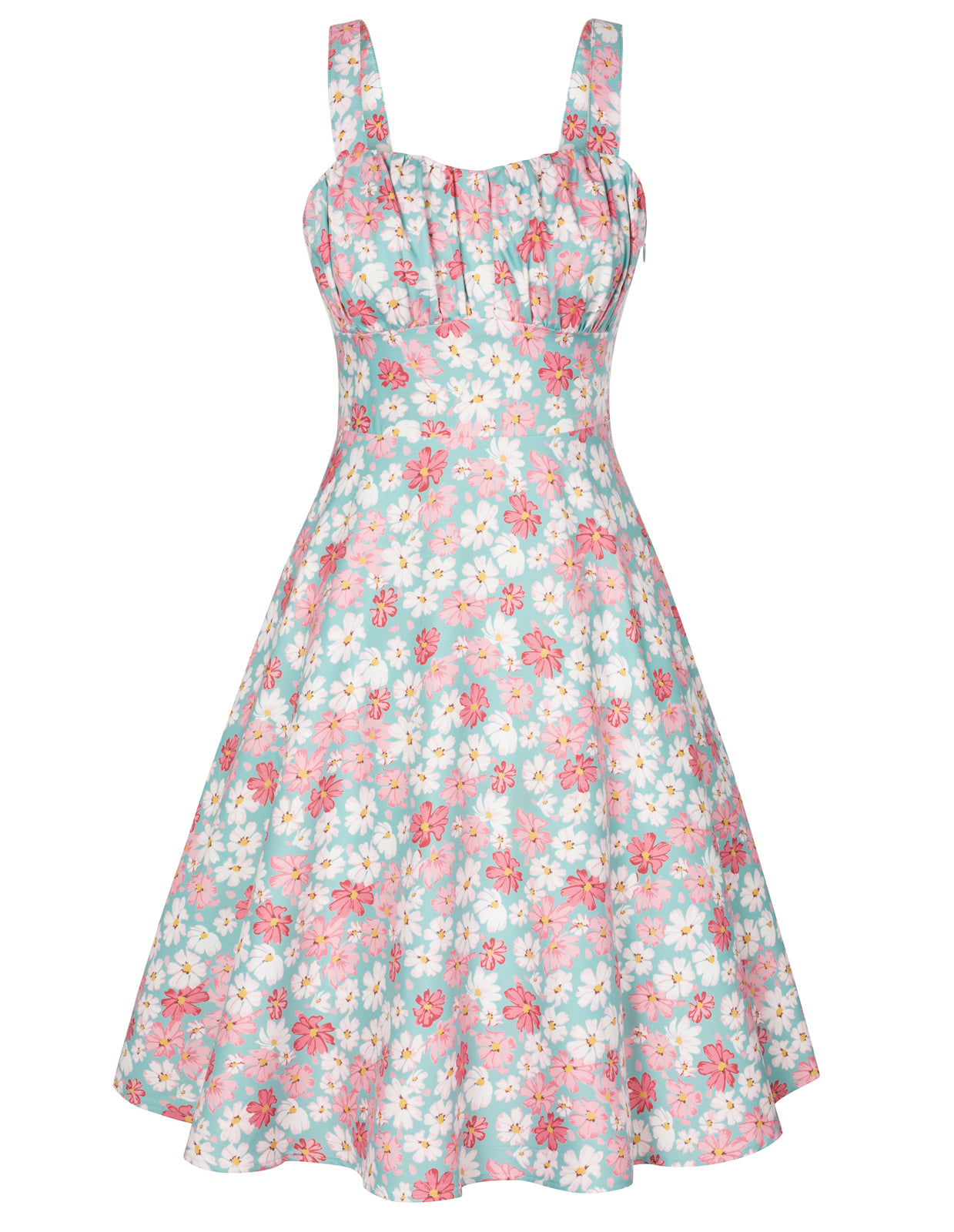 Vintage Floral Printed Defined Waist Dress Ruched Bodice Flared A-Line Dress