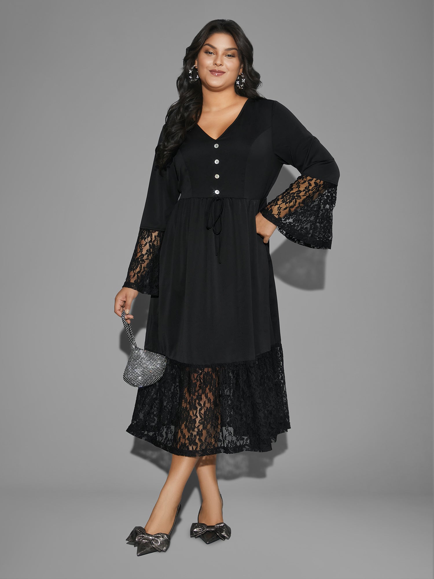 Lace Patchwork Button Detail Tie Knot Dress