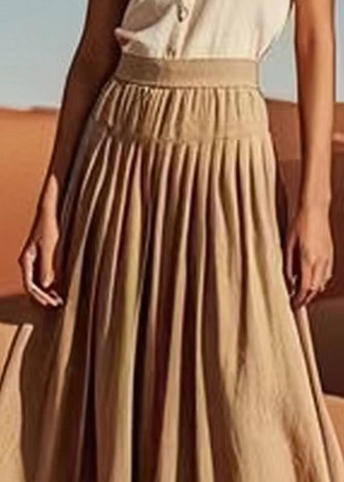 Khaki Wrinkled Elastic Waist Linen Skirt Summer