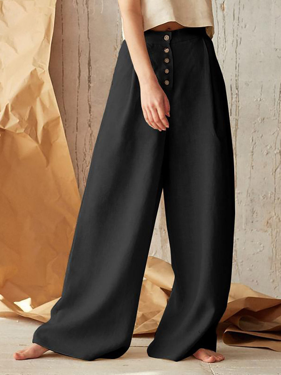 Solid Color High Waist Casual Button Wide Leg Pants