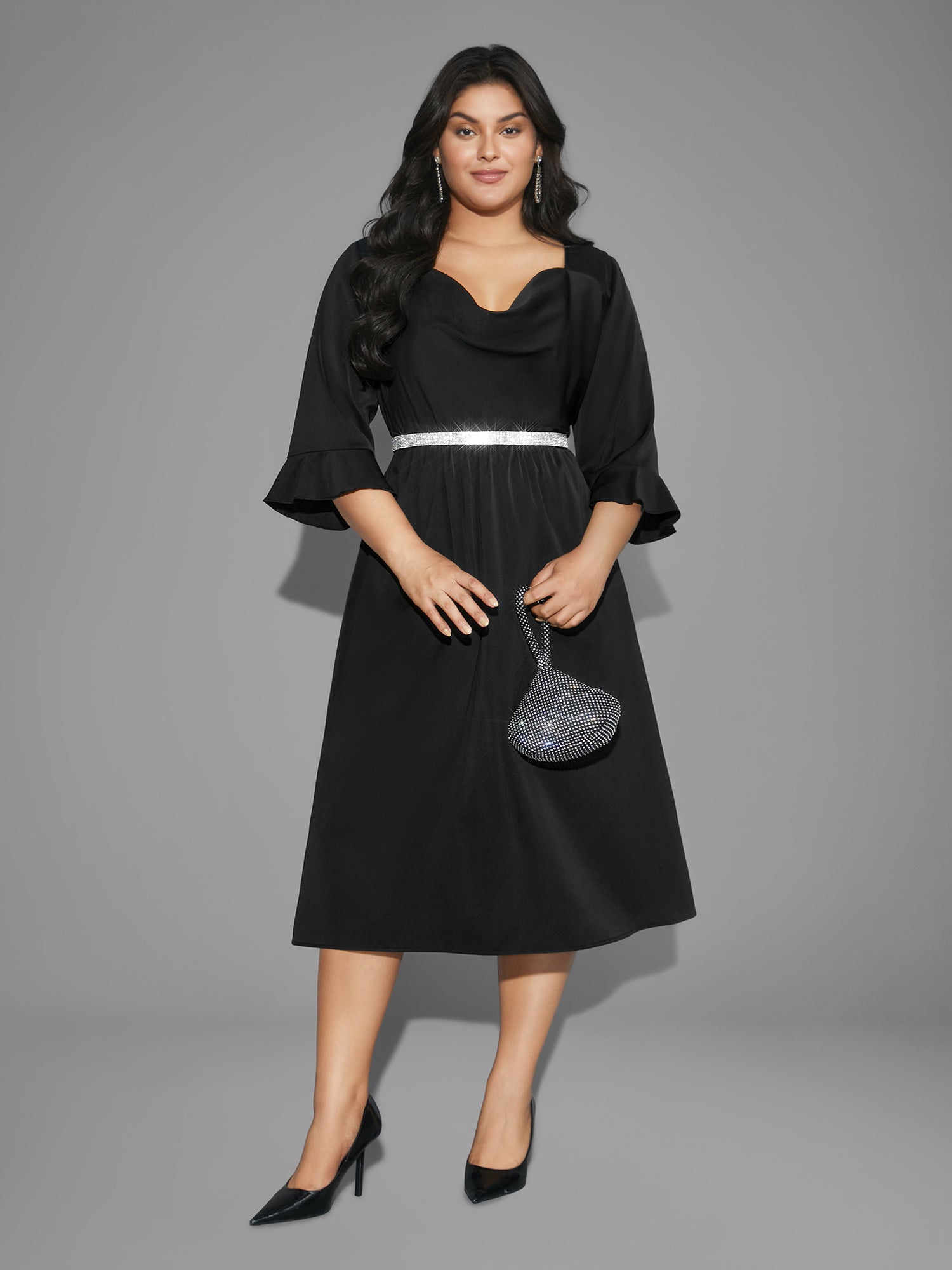 Cowl Neck Ruffle Sleeve Midi Dress
