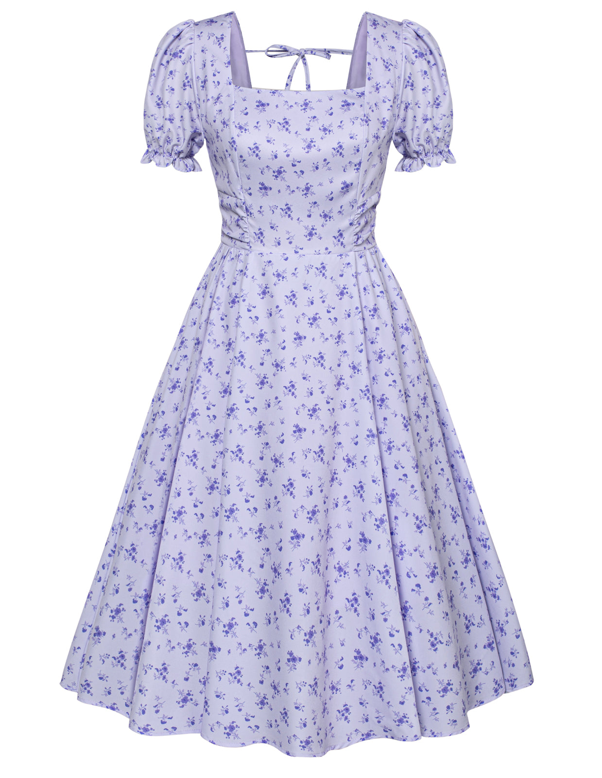 Vintage Daisy Flower Print Cottagecore Cocktail Dresses Square Neck Puff Sleeve Dress with Pockets