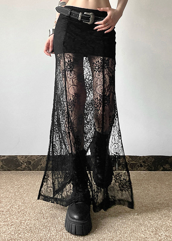 Stylish Black Hollow Out Slim Fit Lace Long Skirt Summer