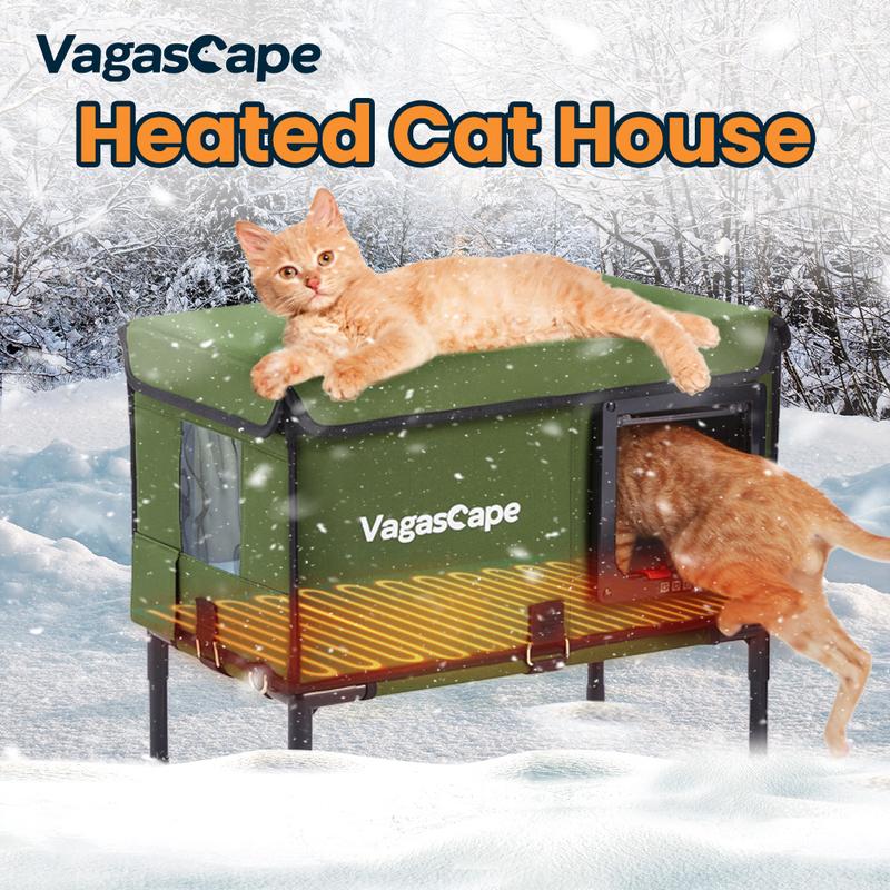 Heated Outdoor Cat House, Thermostat & Overheat Protection with Auto Shutoff, Warms in ~3s & Energy-Saving – Waterproof, Insulated & Elevated, 12mm Fiberglass Frame, Escape Door & Window, UL-Tested Heating Core