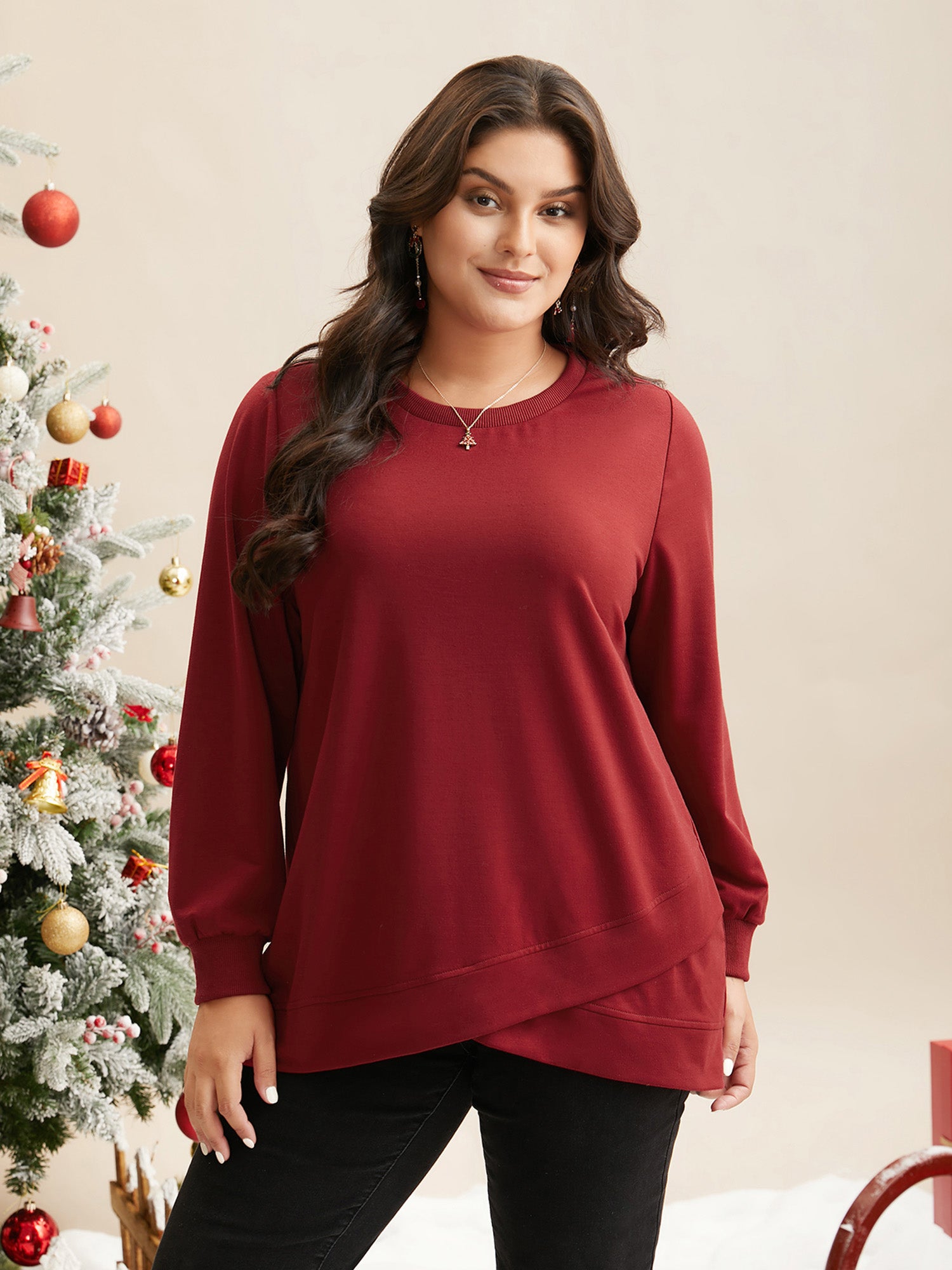 Overlapping Hem Round Neck Sweatshirt