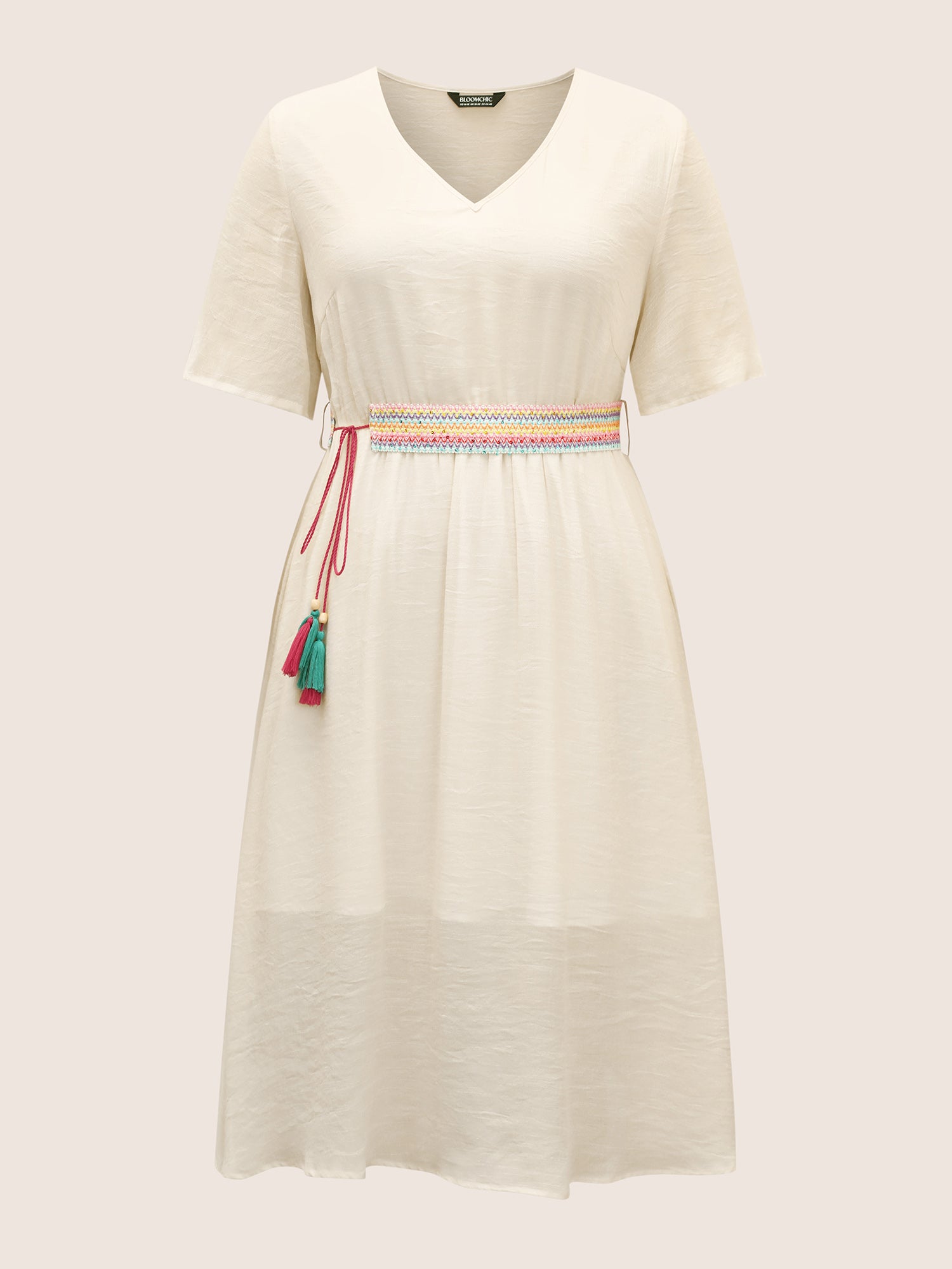 V Neck Tassel Trim Mesh Midi Dress