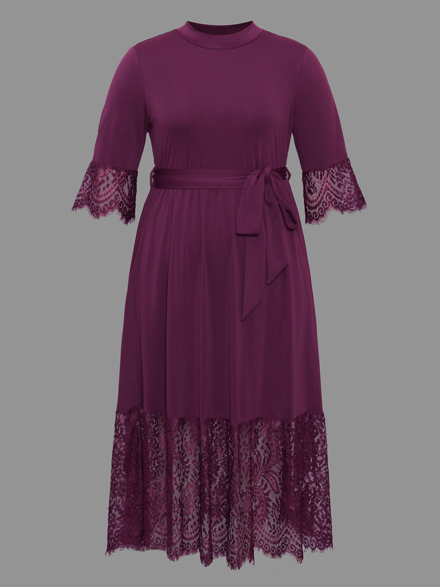 Mock Neck Crochet Lace Belted Dress