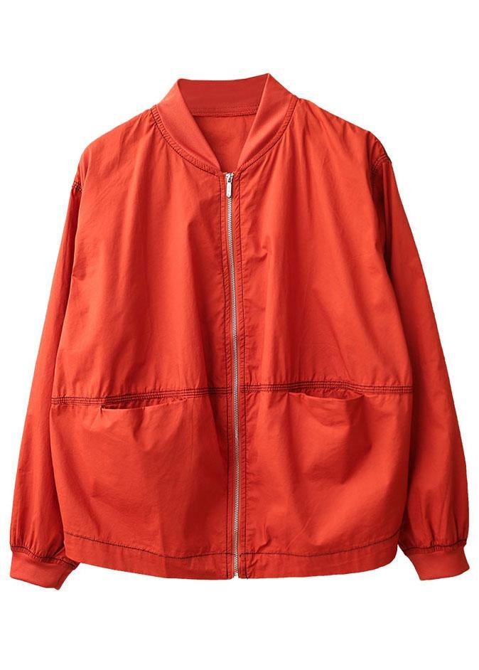 Boutique Red Stand Collar Zippered Pockets Fall Jacket Long Sleeve