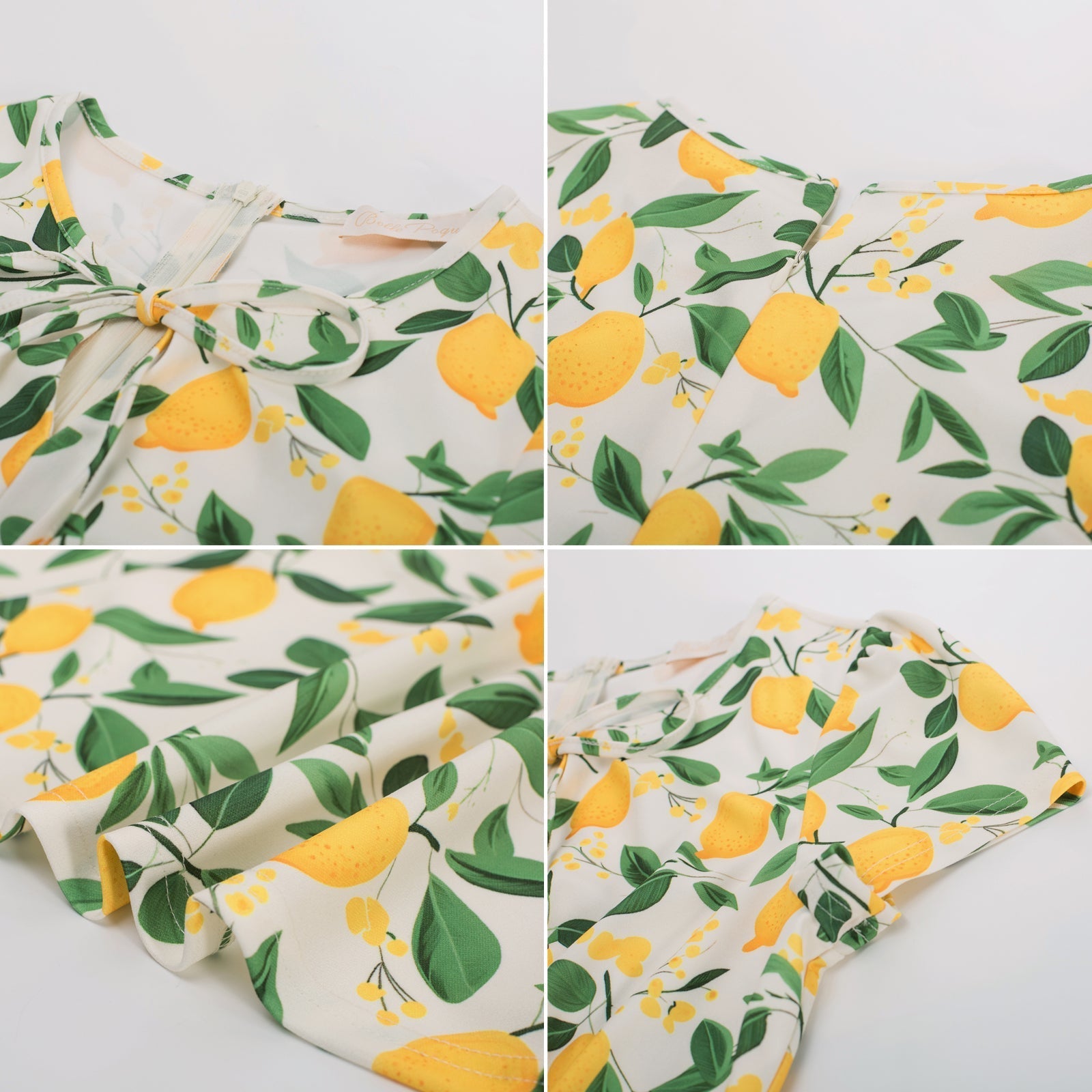 Vintage Lemon Patterns A-Line Swing Dress Keyhole Tie Dress Round Neck Work Dress Tea Dress