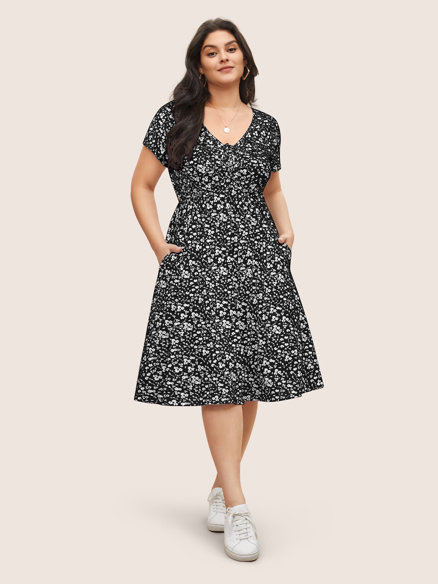 Ditsy Floral Elastic Waist Knot Drawstring Dress