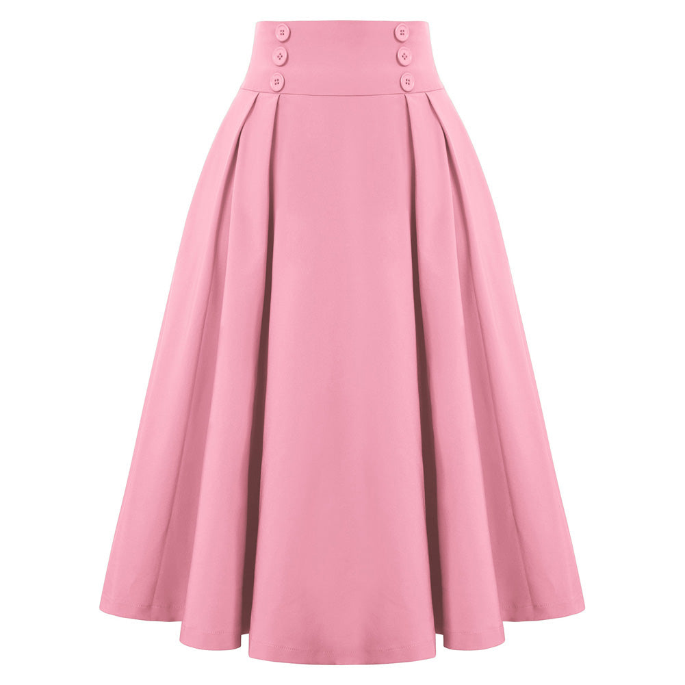 Cherry Patterns Pleated Buttons Decorated Elastic Waist High Waist Swing A-Line Skirt with Pockets