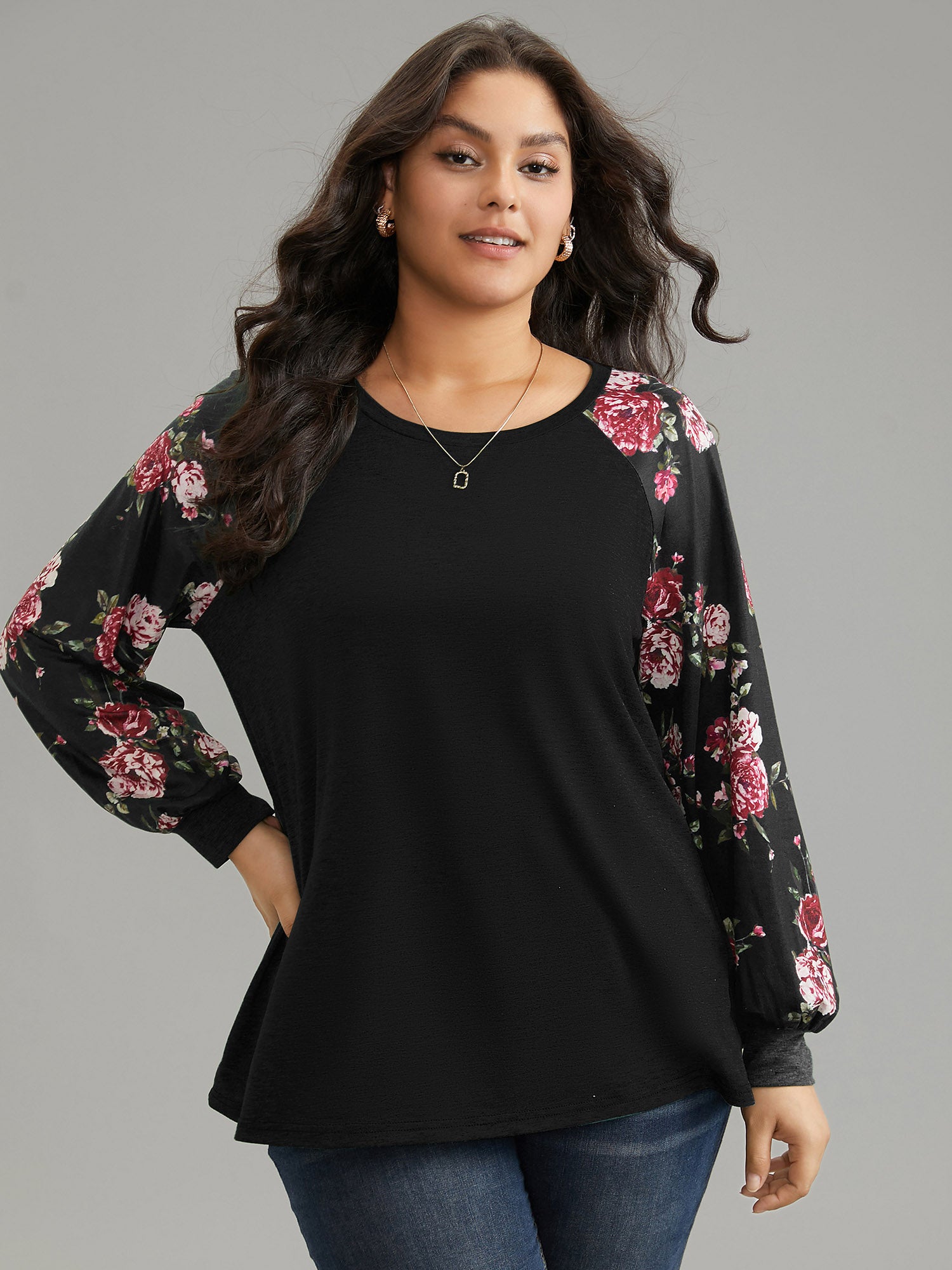 Floral Patchwork Crew Neck Raglan Sleeve T-shirt